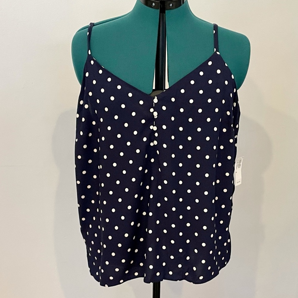 Navy and white polka dot v neck cami